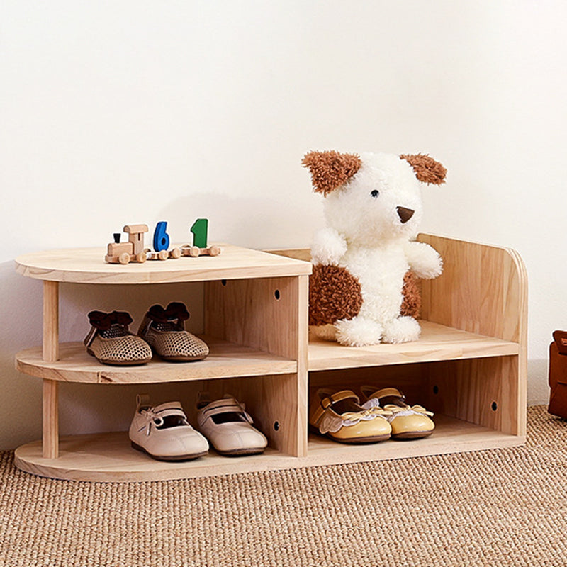 Kids Shoe Rack Solid Pine Wood Two Tier Low Shoe Shelf with Curved Corners Japanese Style Children Shoe Storage for Hallway and Nursery