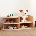 Kids Shoe Rack Solid Pine Wood Two Tier Low Shoe Shelf with Curved Corners Japanese Style Children Shoe Storage for Hallway and Nursery