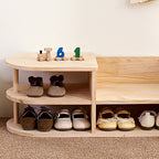Kids Shoe Rack Solid Pine Wood Two Tier Low Shoe Shelf with Curved Corners Japanese Style Children Shoe Storage for Hallway and Nursery