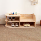 Kids Shoe Rack Solid Pine Wood Two Tier Low Shoe Shelf with Curved Corners Japanese Style Children Shoe Storage for Hallway and Nursery