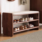 Solid Wood Shoe Bench with Padded Seat Entryway Storage Bench with Shoe Shelves Faux Leather Cushion for Hallway and Living Room