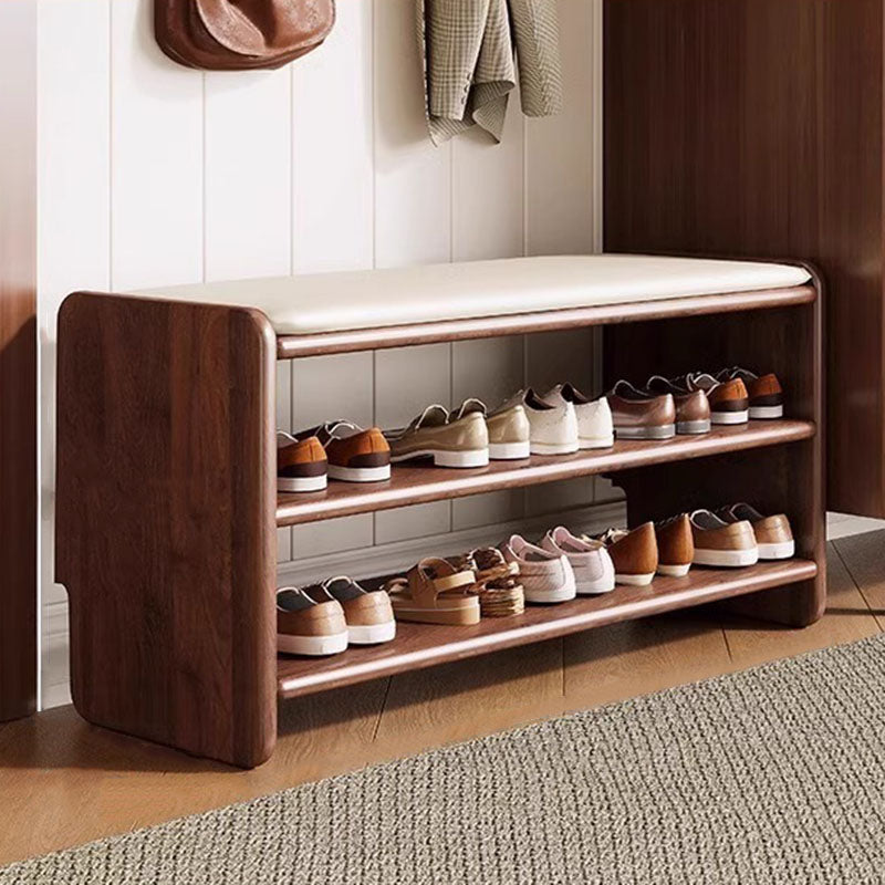Solid Wood Shoe Bench with Padded Seat Entryway Storage Bench with Shoe Shelves Faux Leather Cushion for Hallway and Living Room