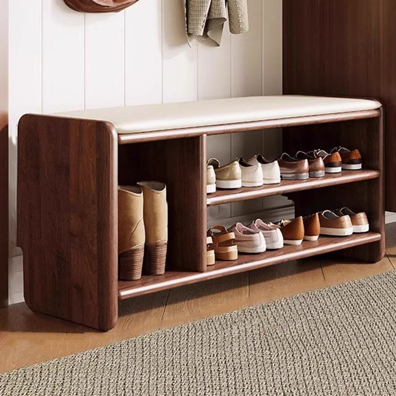 Solid Wood Shoe Bench with Padded Seat Entryway Storage Bench with Shoe Shelves Faux Leather Cushion for Hallway and Living Room