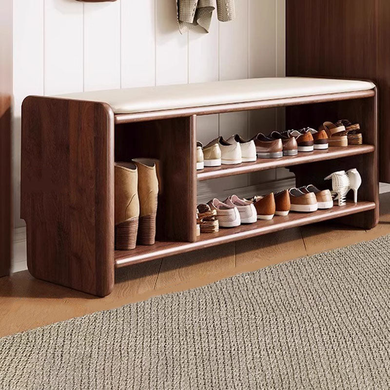Solid Wood Shoe Bench with Padded Seat Entryway Storage Bench with Shoe Shelves Faux Leather Cushion for Hallway and Living Room