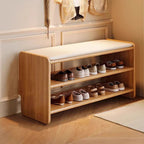 Solid Wood Shoe Bench with Padded Seat Entryway Storage Bench with Shoe Shelves Faux Leather Cushion for Hallway and Living Room