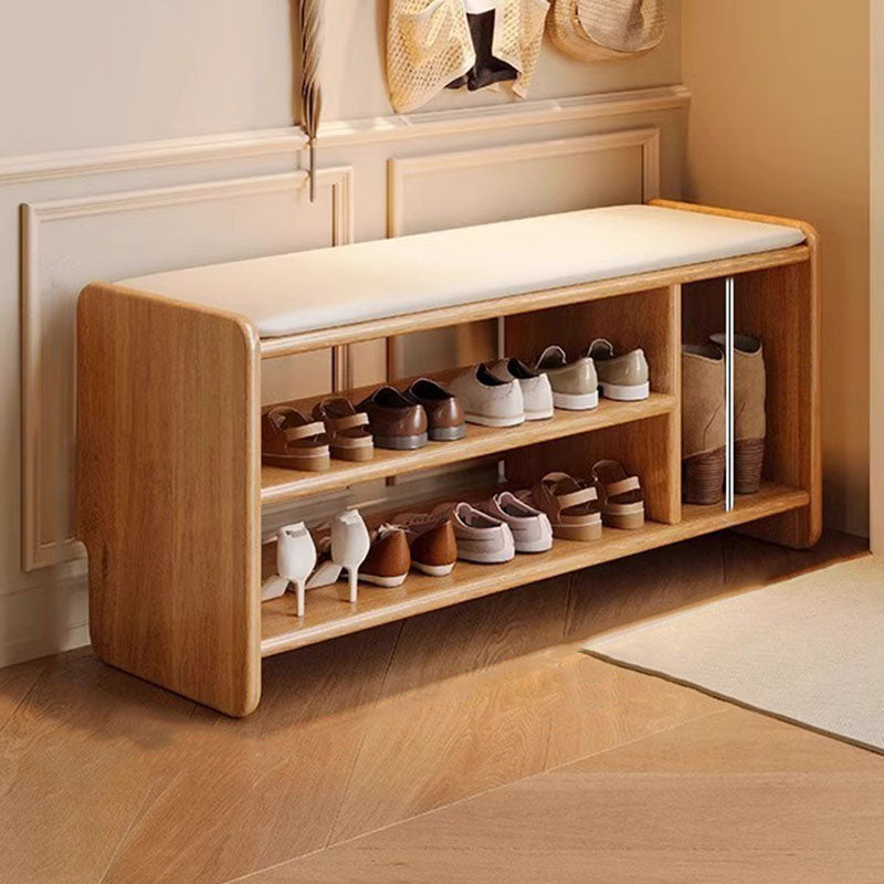 Solid Wood Shoe Bench with Padded Seat Entryway Storage Bench with Shoe Shelves Faux Leather Cushion for Hallway and Living Room