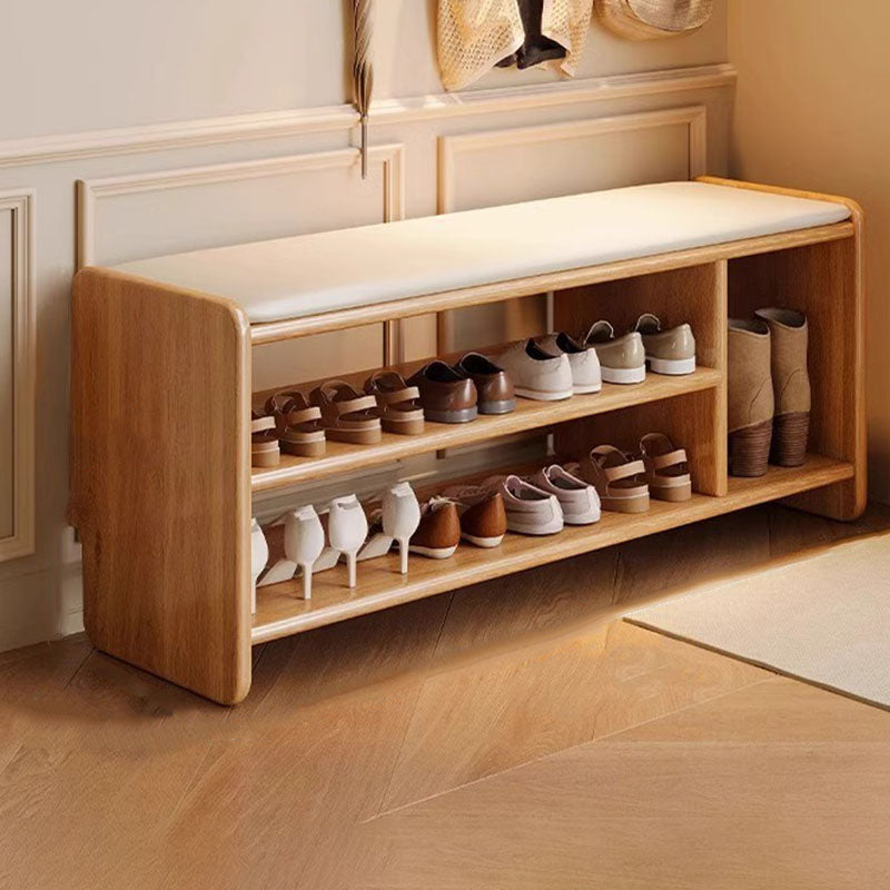 Solid Wood Shoe Bench with Padded Seat Entryway Storage Bench with Shoe Shelves Faux Leather Cushion for Hallway and Living Room