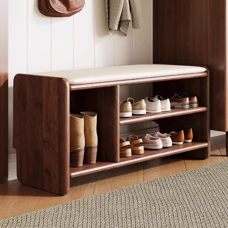 Solid Wood Shoe Bench with Padded Seat Entryway Storage Bench with Shoe Shelves Faux Leather Cushion for Hallway and Living Room