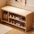 Solid Wood Shoe Bench with Padded Seat Entryway Storage Bench with Shoe Shelves Faux Leather Cushion for Hallway and Living Room