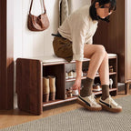 Solid Wood Shoe Bench with Padded Seat Entryway Storage Bench with Shoe Shelves Faux Leather Cushion for Hallway and Living Room