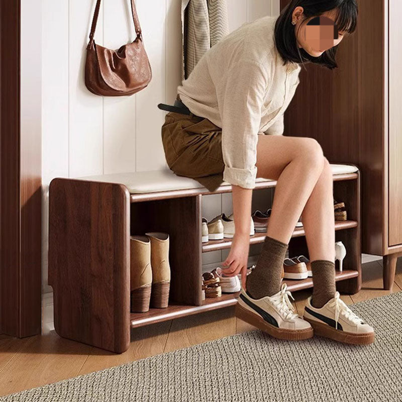 Solid Wood Shoe Bench with Padded Seat Entryway Storage Bench with Shoe Shelves Faux Leather Cushion for Hallway and Living Room
