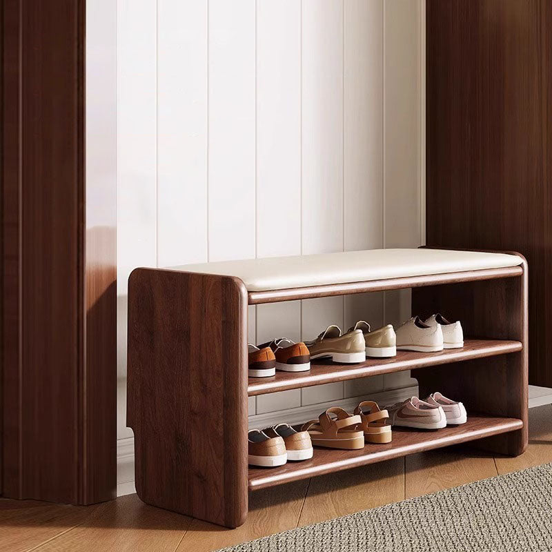 Solid Wood Shoe Bench with Padded Seat Entryway Storage Bench with Shoe Shelves Faux Leather Cushion for Hallway and Living Room