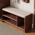 Solid Wood Shoe Bench with Padded Seat Entryway Storage Bench with Shoe Shelves Faux Leather Cushion for Hallway and Living Room