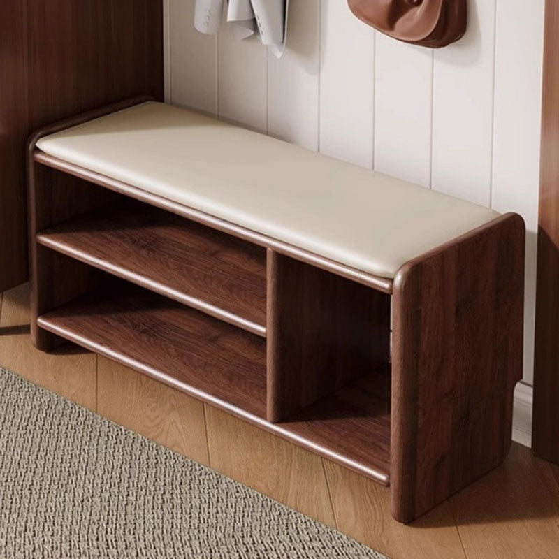 Solid Wood Shoe Bench with Padded Seat Entryway Storage Bench with Shoe Shelves Faux Leather Cushion for Hallway and Living Room