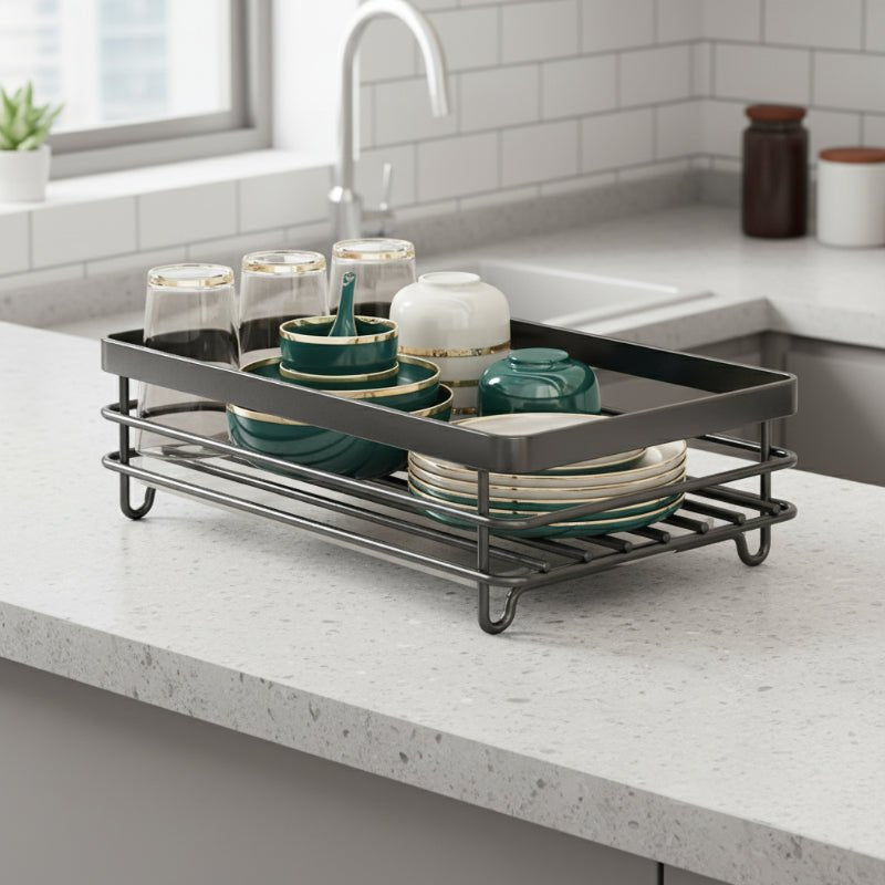 Stainless Steel Dish Drying Rack Space Saving Dish Drainer with Drip Tray and Cutlery Holder Kitchen Countertop Plate Rack for Sink Side