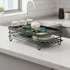 Stainless Steel Dish Drying Rack Space Saving Dish Drainer with Drip Tray and Cutlery Holder Kitchen Countertop Plate Rack for Sink Side
