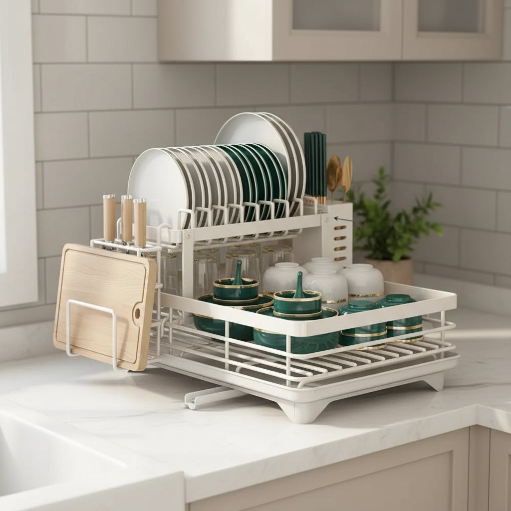 Stainless Steel Dish Drying Rack Space Saving Dish Drainer with Drip Tray and Cutlery Holder Kitchen Countertop Plate Rack for Sink Side
