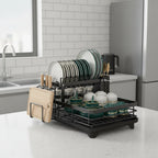 Stainless Steel Dish Drying Rack Space Saving Dish Drainer with Drip Tray and Cutlery Holder Kitchen Countertop Plate Rack for Sink Side