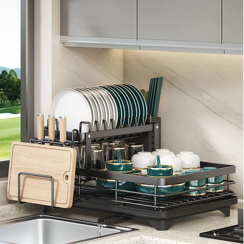Stainless Steel Dish Drying Rack Space Saving Dish Drainer with Drip Tray and Cutlery Holder Kitchen Countertop Plate Rack for Sink Side