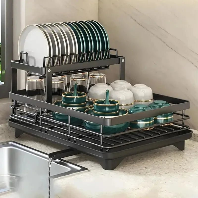 Stainless Steel Dish Drying Rack Space Saving Dish Drainer with Drip Tray and Cutlery Holder Kitchen Countertop Plate Rack for Sink Side