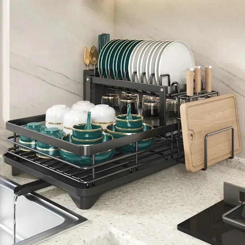 Stainless Steel Dish Drying Rack Space Saving Dish Drainer with Drip Tray and Cutlery Holder Kitchen Countertop Plate Rack for Sink Side