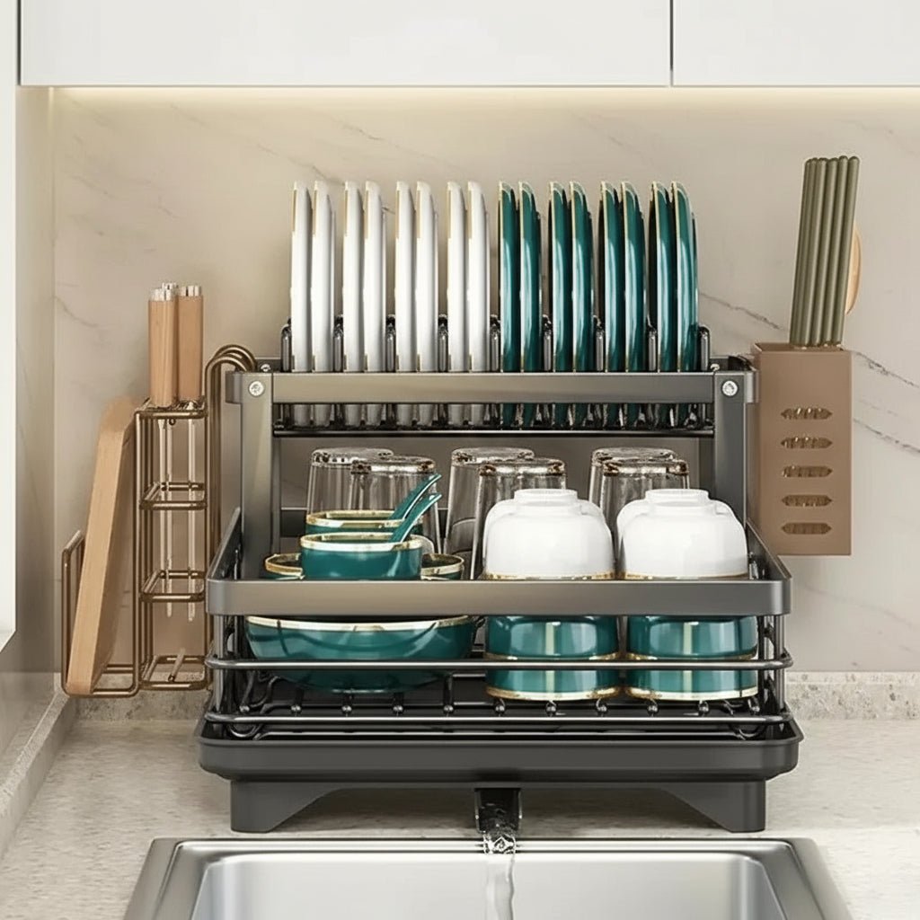 Stainless Steel Dish Drying Rack Space Saving Dish Drainer with Drip Tray and Cutlery Holder Kitchen Countertop Plate Rack for Sink Side