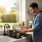 Stainless Steel Dish Drying Rack Space Saving Dish Drainer with Drip Tray and Cutlery Holder Kitchen Countertop Plate Rack for Sink Side