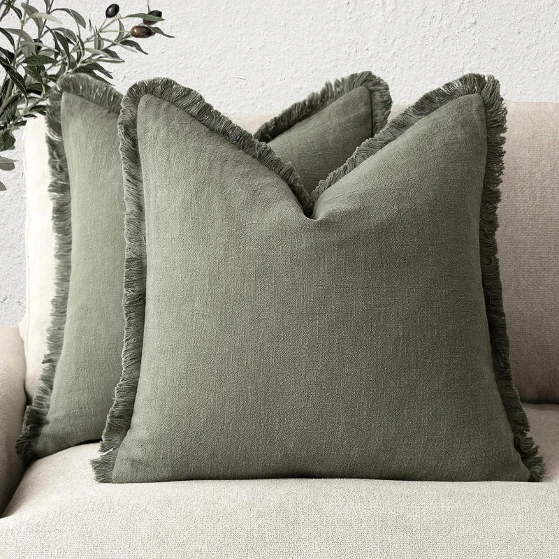Cotton Linen Cushion Covers Set of Two Fringed Throw Pillow Covers Soft Textured Decorative Cushion Cases for Sofa | Armchair and Bed