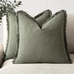 Cotton Linen Cushion Covers Set of Two Fringed Throw Pillow Covers Soft Textured Decorative Cushion Cases for Sofa | Armchair and Bed