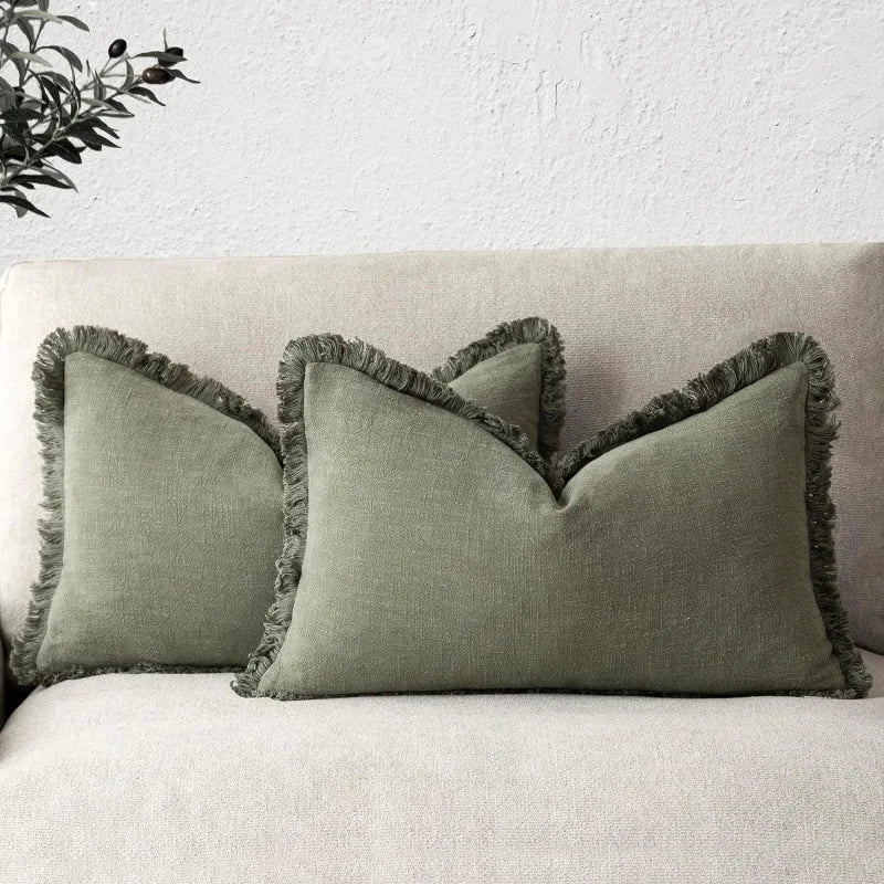 Cotton Linen Cushion Covers Set of Two Fringed Throw Pillow Covers Soft Textured Decorative Cushion Cases for Sofa | Armchair and Bed