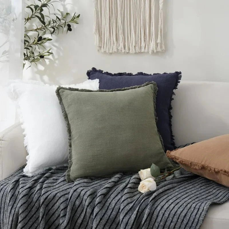 Cotton Linen Cushion Covers Set of Two Fringed Throw Pillow Covers Soft Textured Decorative Cushion Cases for Sofa | Armchair and Bed