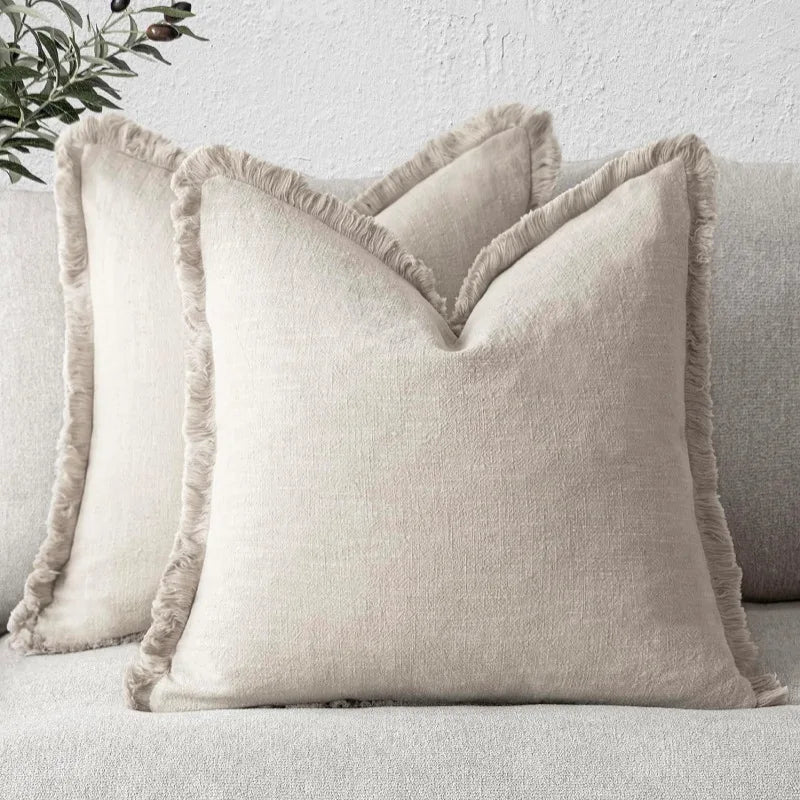 Cotton Linen Cushion Covers Set of Two Fringed Throw Pillow Covers Soft Textured Decorative Cushion Cases for Sofa | Armchair and Bed