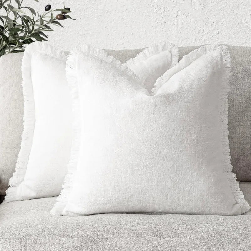 Cotton Linen Cushion Covers Set of Two Fringed Throw Pillow Covers Soft Textured Decorative Cushion Cases for Sofa | Armchair and Bed