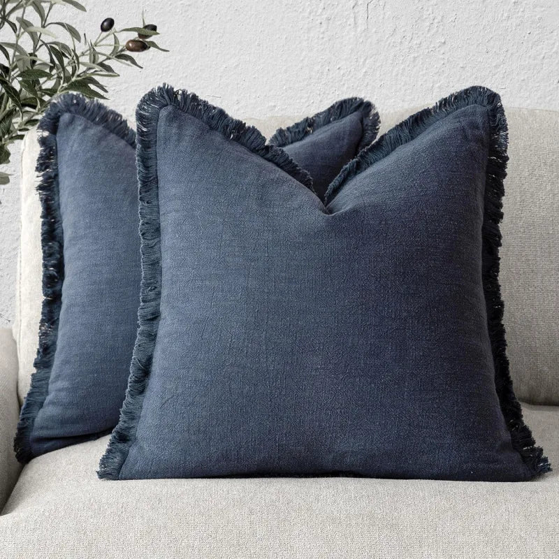 Cotton Linen Cushion Covers Set of Two Fringed Throw Pillow Covers Soft Textured Decorative Cushion Cases for Sofa | Armchair and Bed