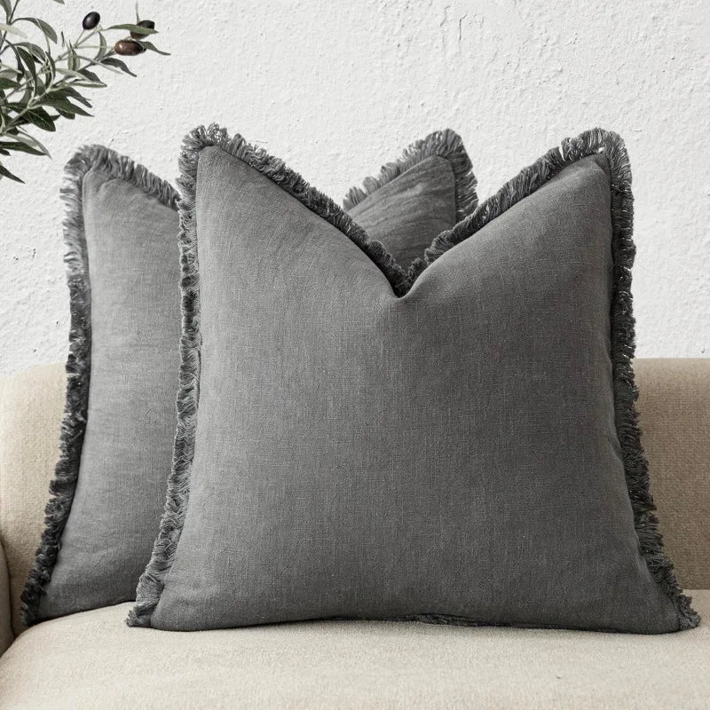 Cotton Linen Cushion Covers Set of Two Fringed Throw Pillow Covers Soft Textured Decorative Cushion Cases for Sofa | Armchair and Bed