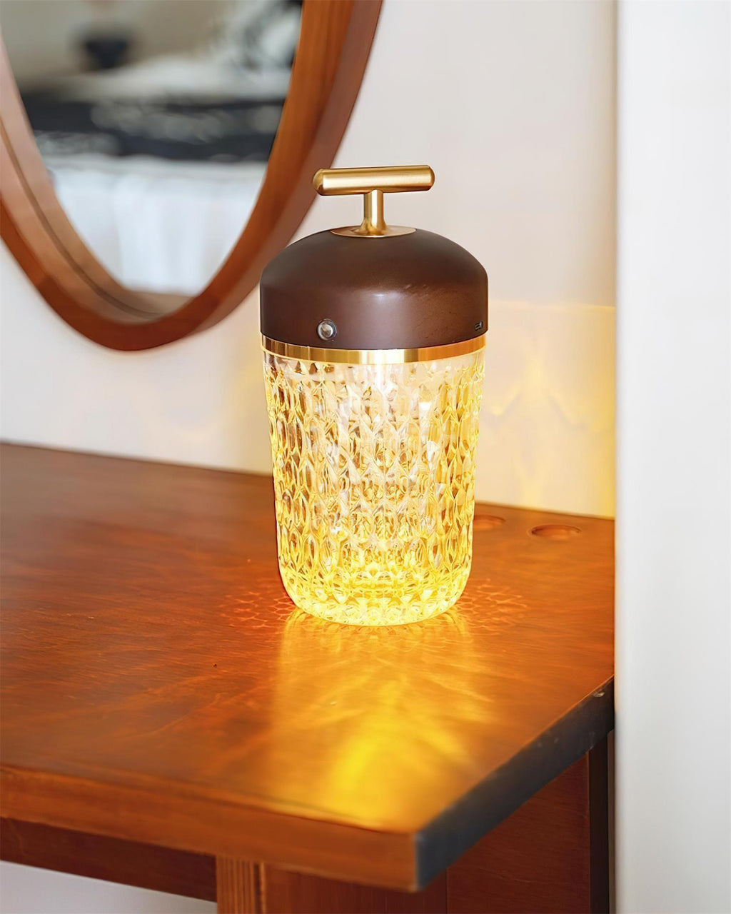Portable Faceted Glass Table Lamp With Top Handle