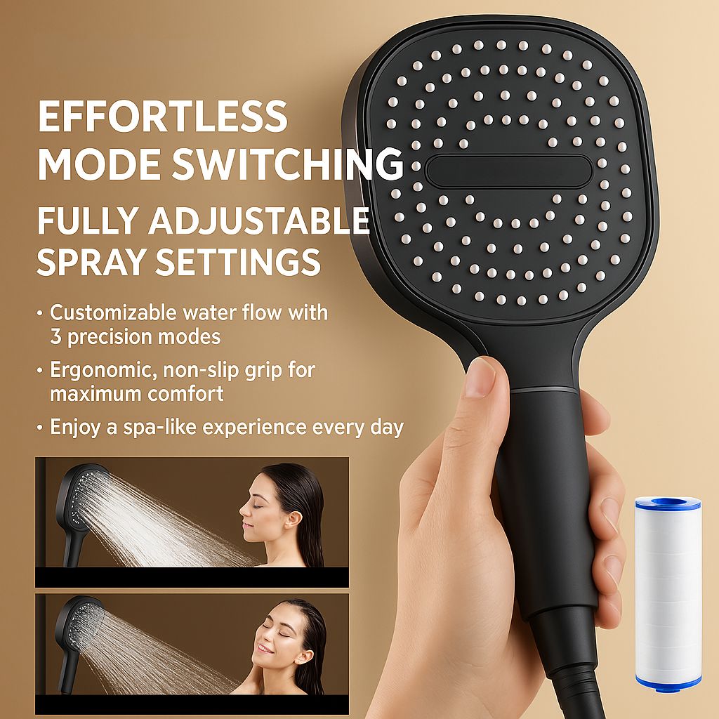 High Pressure Handheld Shower Head with Built-In Filter Square Rain Shower Head with Jet and Massage Spray Modes Universal Fit for Low Water Pressure