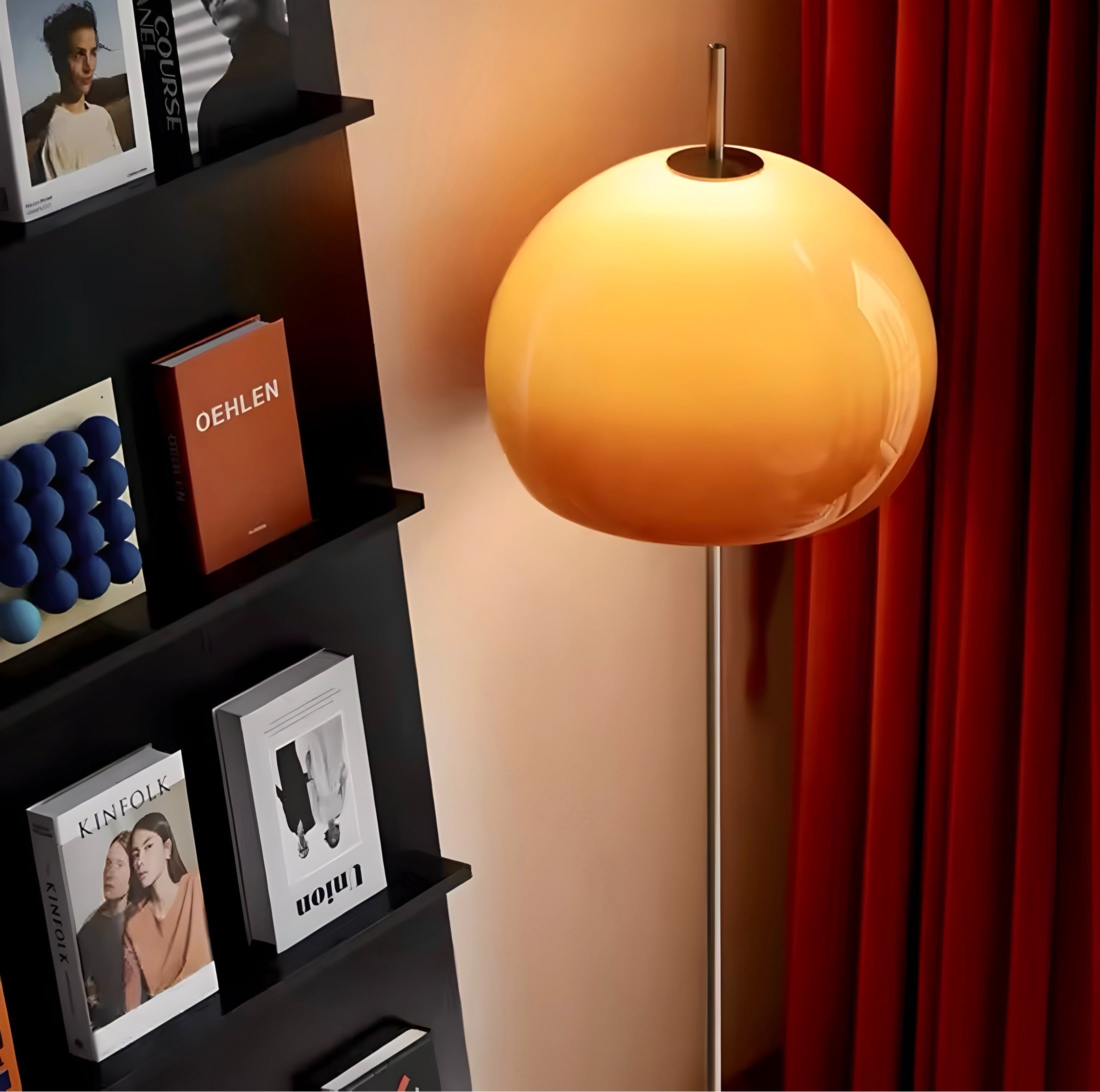 Vintage Orange Glass Globe Floor Lamp With Slim Metal Stand