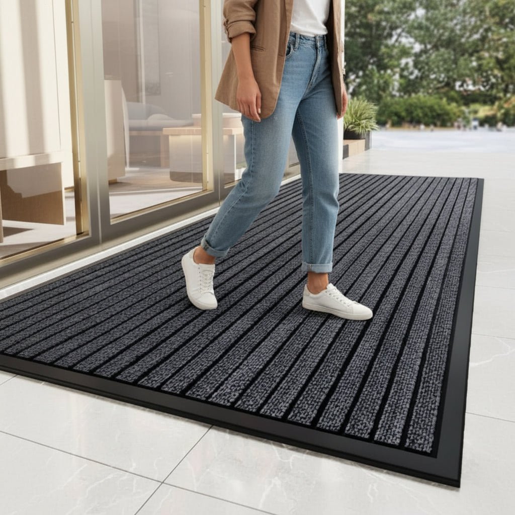 Heavy Duty Doormat with Non-Slip Rubber Backing Striped Polyester Entrance Mat Waterproof Dirt Trapping for High-Traffic Entrances