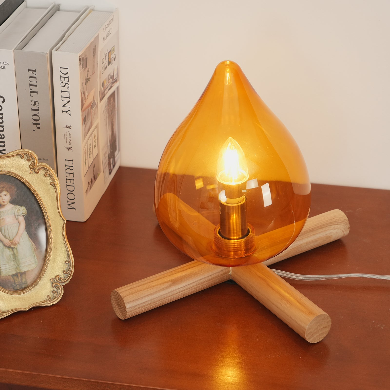 Flame-Inspired Glass Table Lamp With Wooden Cross Base