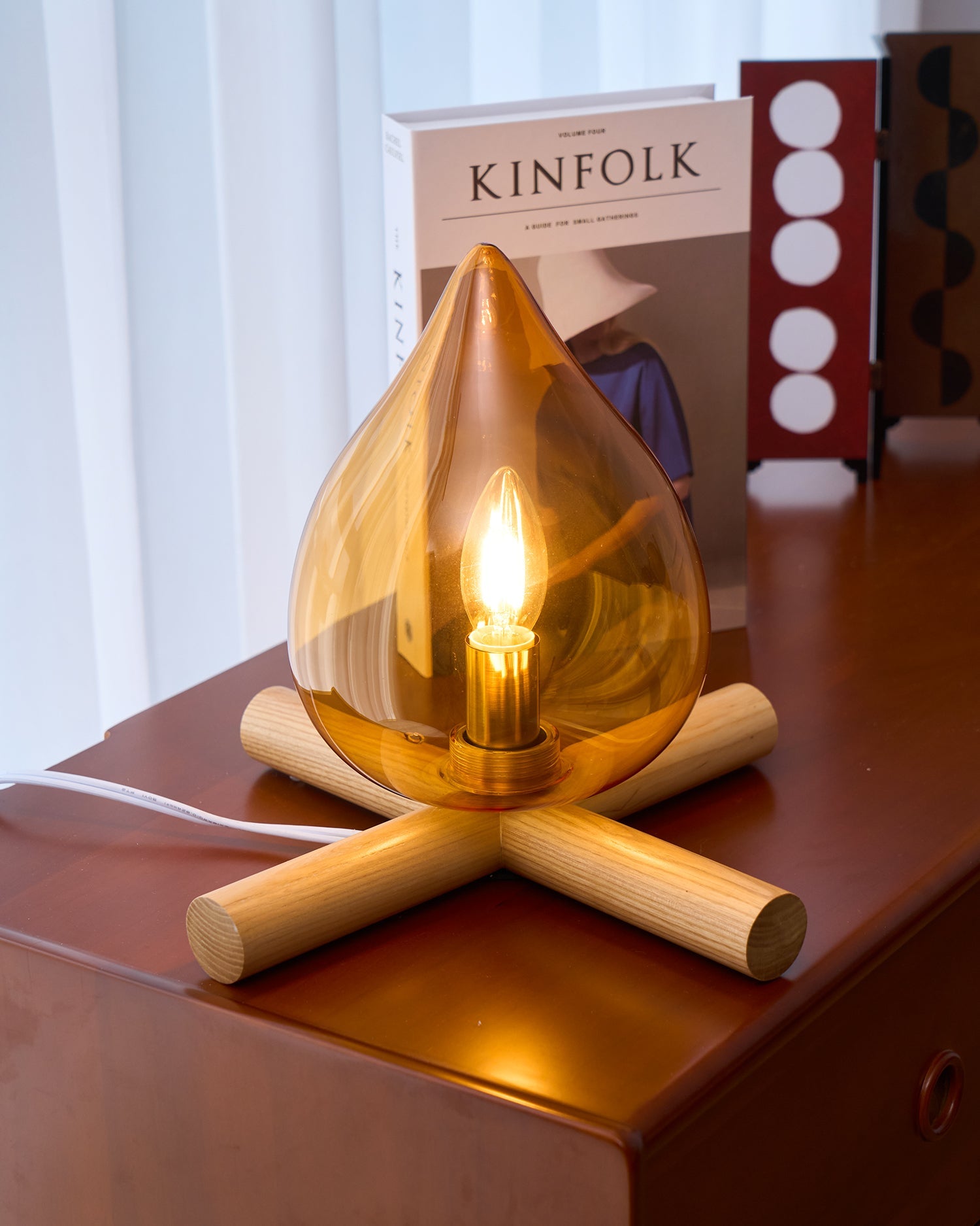 Flame-Inspired Glass Table Lamp With Wooden Cross Base