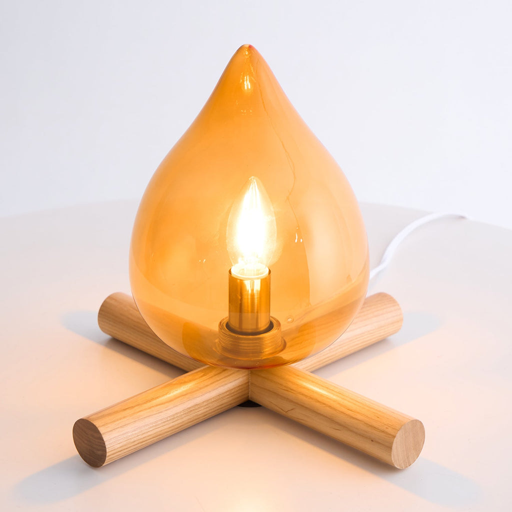 Flame-Inspired Glass Table Lamp With Wooden Cross Base