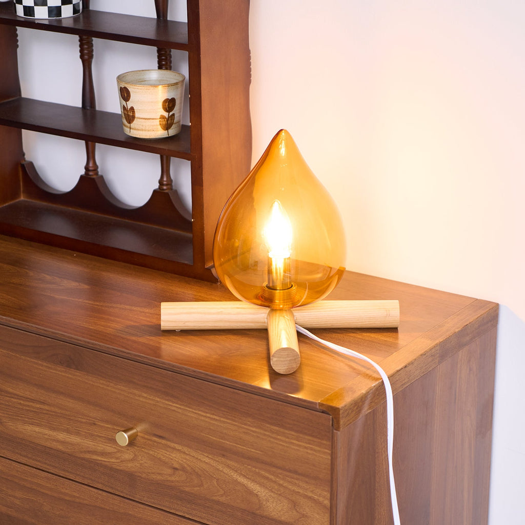 Flame-Inspired Glass Table Lamp With Wooden Cross Base