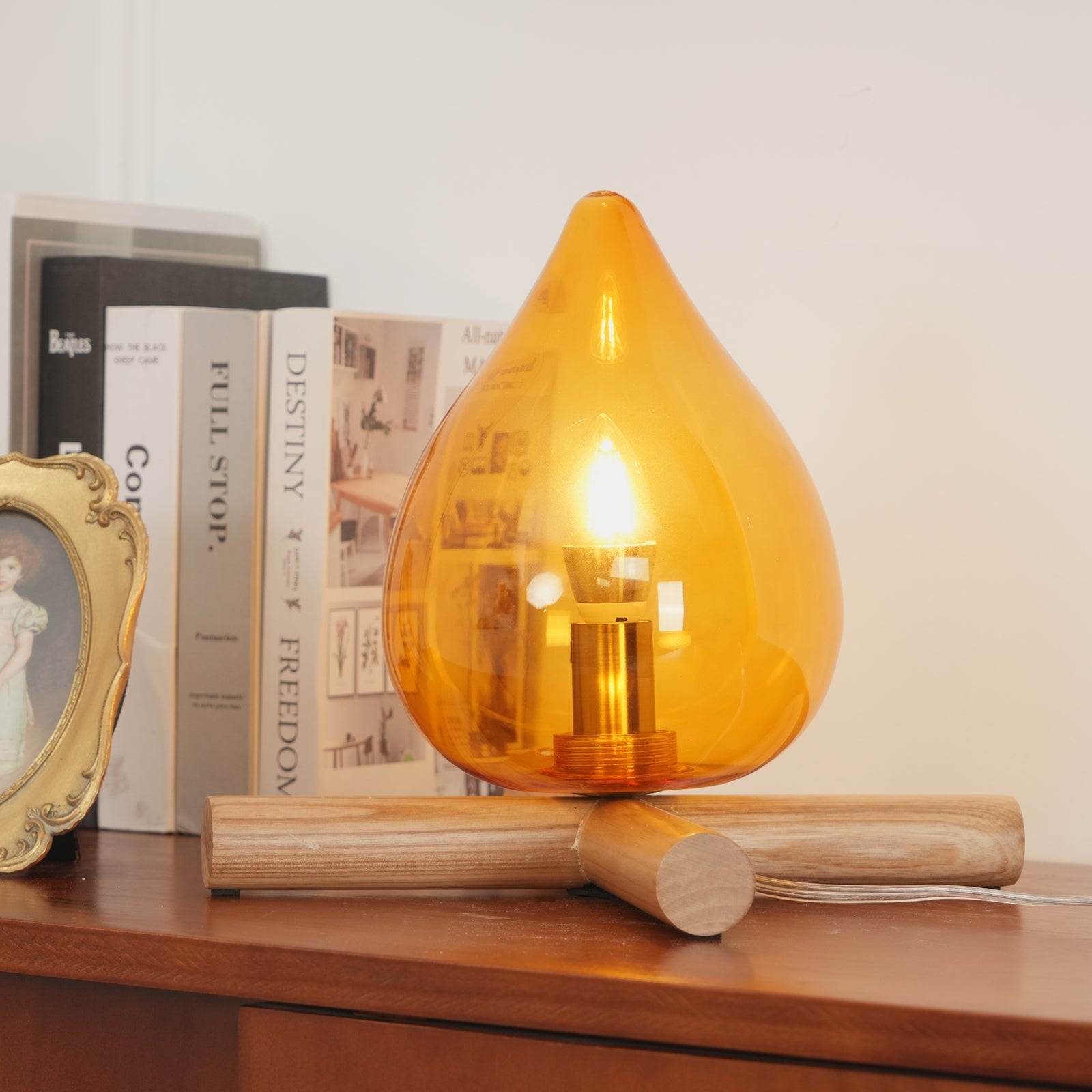Flame-Inspired Glass Table Lamp With Wooden Cross Base