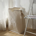 Cotton Linen Laundry Basket Foldable Japanese Style Fabric Storage Hamper with Wooden Handles Freestanding Washing Basket for Bedroom and Bathroom