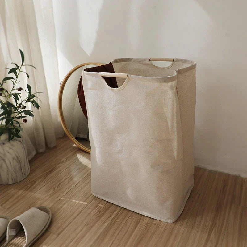 Cotton Linen Laundry Basket Foldable Japanese Style Fabric Storage Hamper with Wooden Handles Freestanding Washing Basket for Bedroom and Bathroom