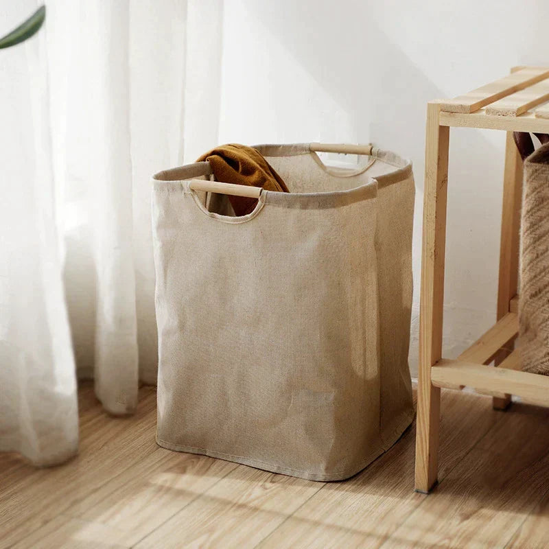 Cotton Linen Laundry Basket Foldable Japanese Style Fabric Storage Hamper with Wooden Handles Freestanding Washing Basket for Bedroom and Bathroom