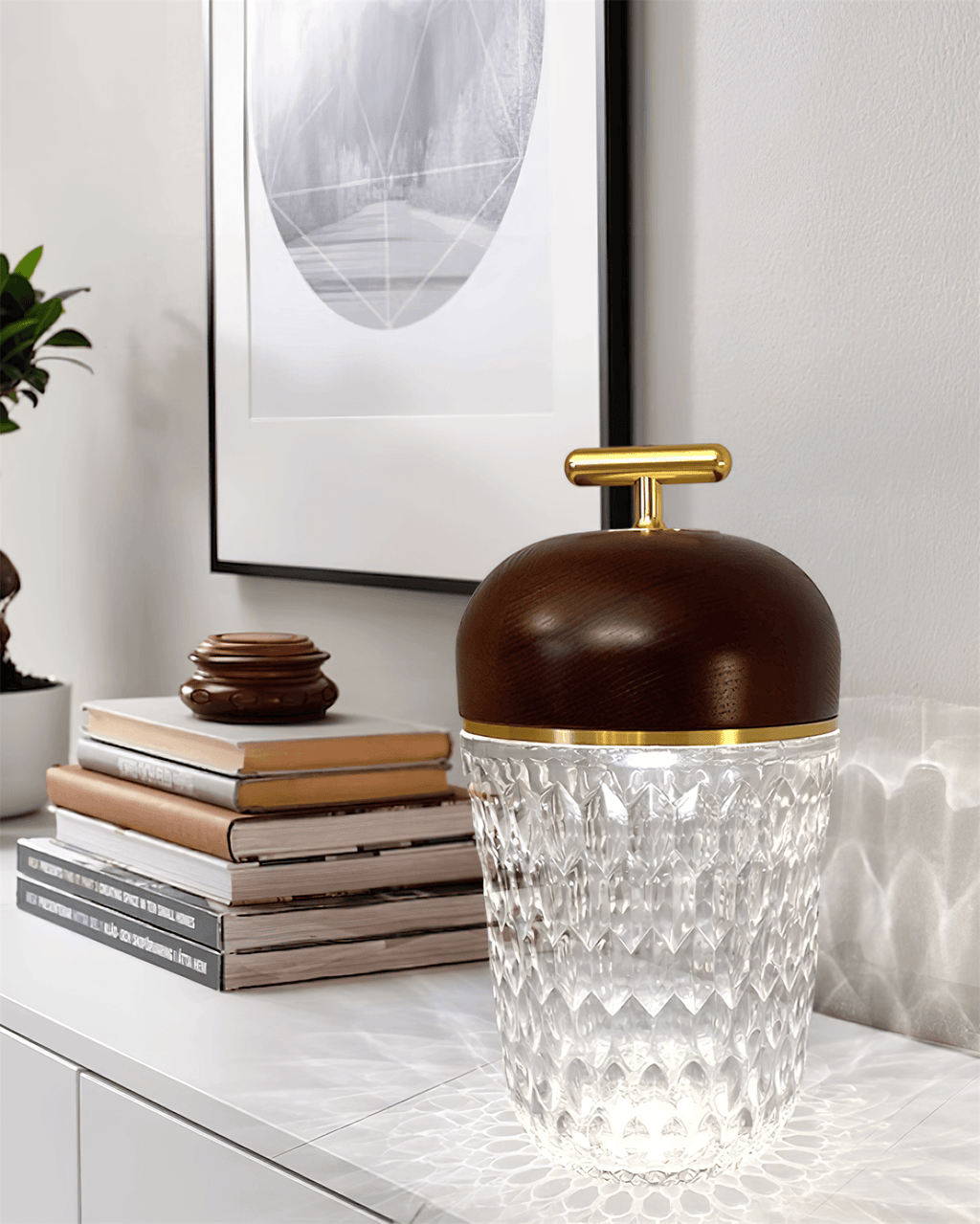 Portable Faceted Glass Table Lamp With Top Handle