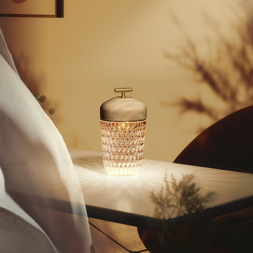 Portable Faceted Glass Table Lamp With Top Handle