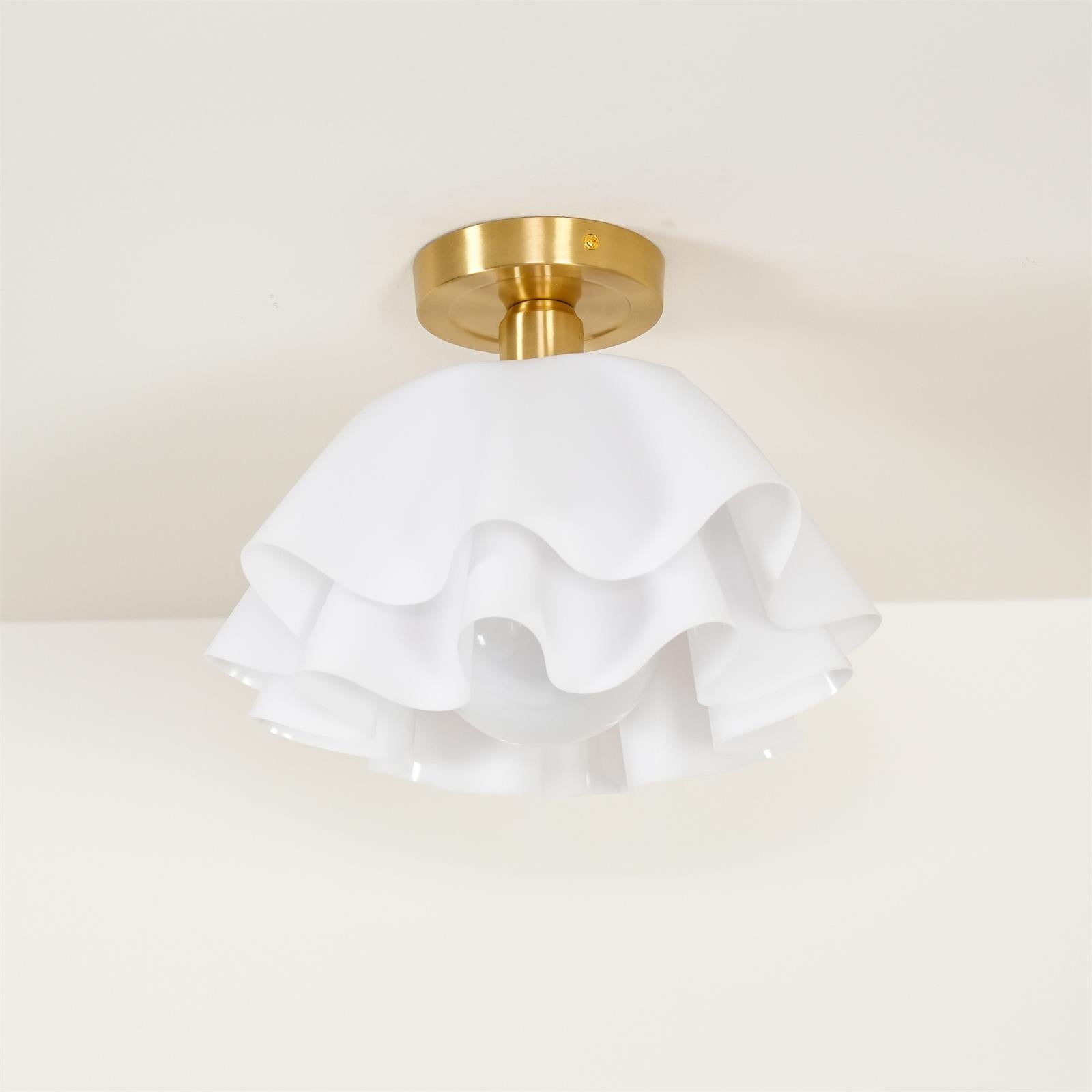 Ruffled Shade Semi Flush Mount Ceiling Light With Brass Fitting